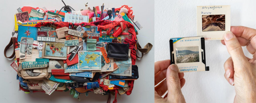A collage of colorful travel memorabilia, journals, and small keepsakes that highlight the personal and honest nature of a travel portfolio. And hands holding travel photos, showing how simple moments can be captured and added to an authentic travel portfolio.