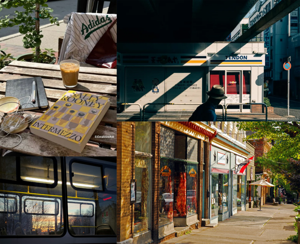 A mix of everyday travel scenes, including a café table, a street view, and a bus window—ordinary moments that become meaningful memories.