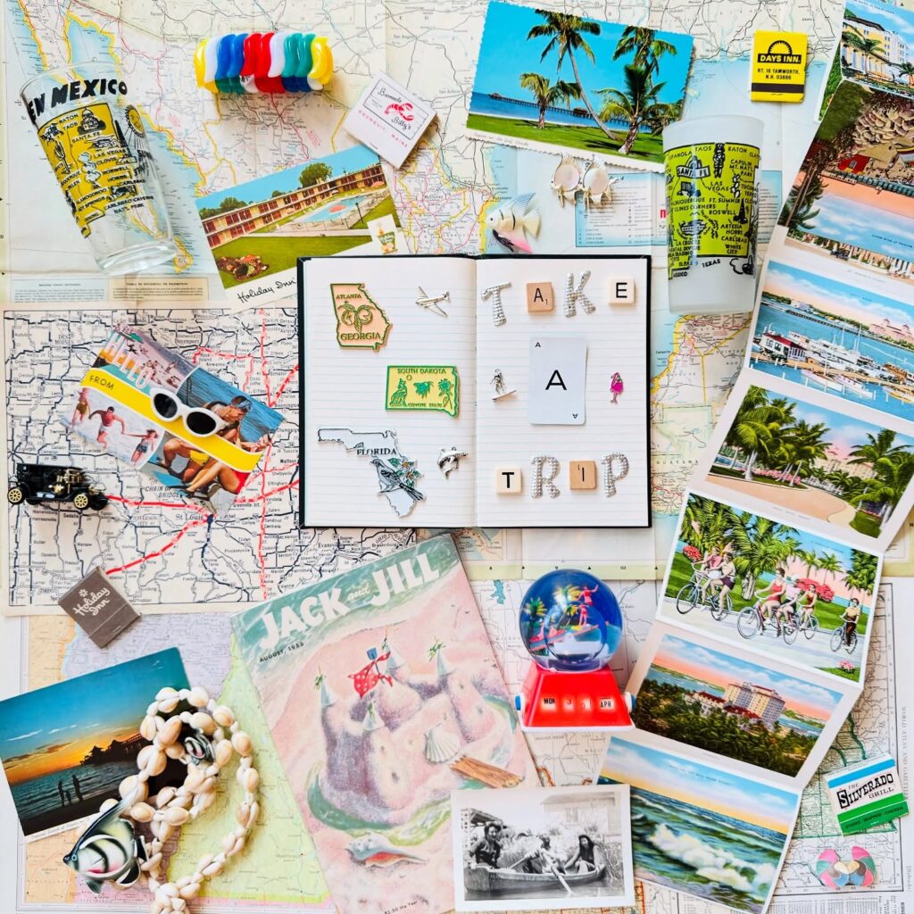 A collection of travel souvenirs, postcards, maps, and photos arranged together to show how memories can form a personal travel portfolio.