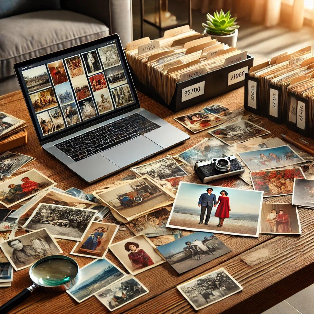 A workspace with a laptop and organized printed travel photos, showing how archiving makes memories easy to revisit and share.
