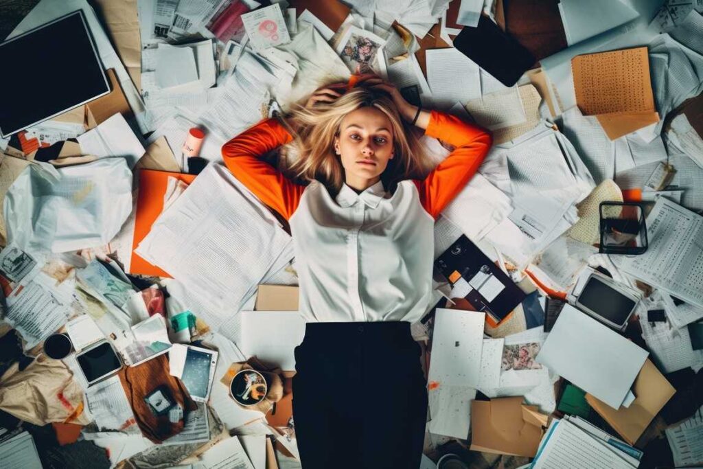 Woman lying among scattered papers symbolizing disorganized travel photos and notes.