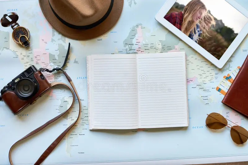 Flat lay of travel items including a notebook, camera, and map used for organizing travel memories