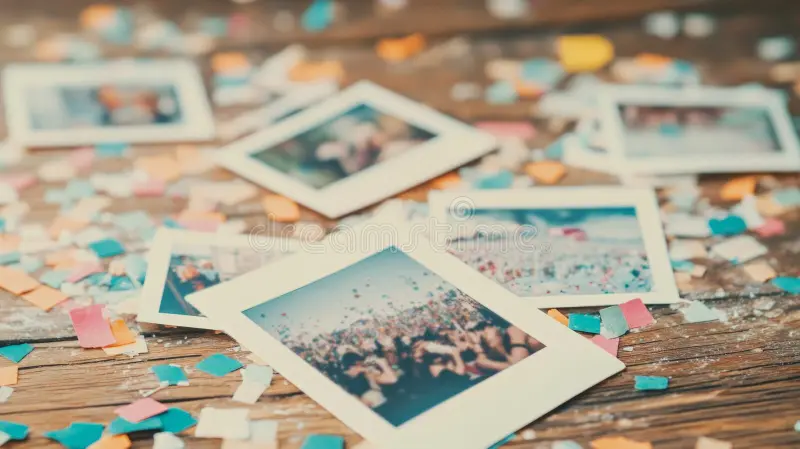 Scattered travel polaroids on a wooden table representing personal travel memories.